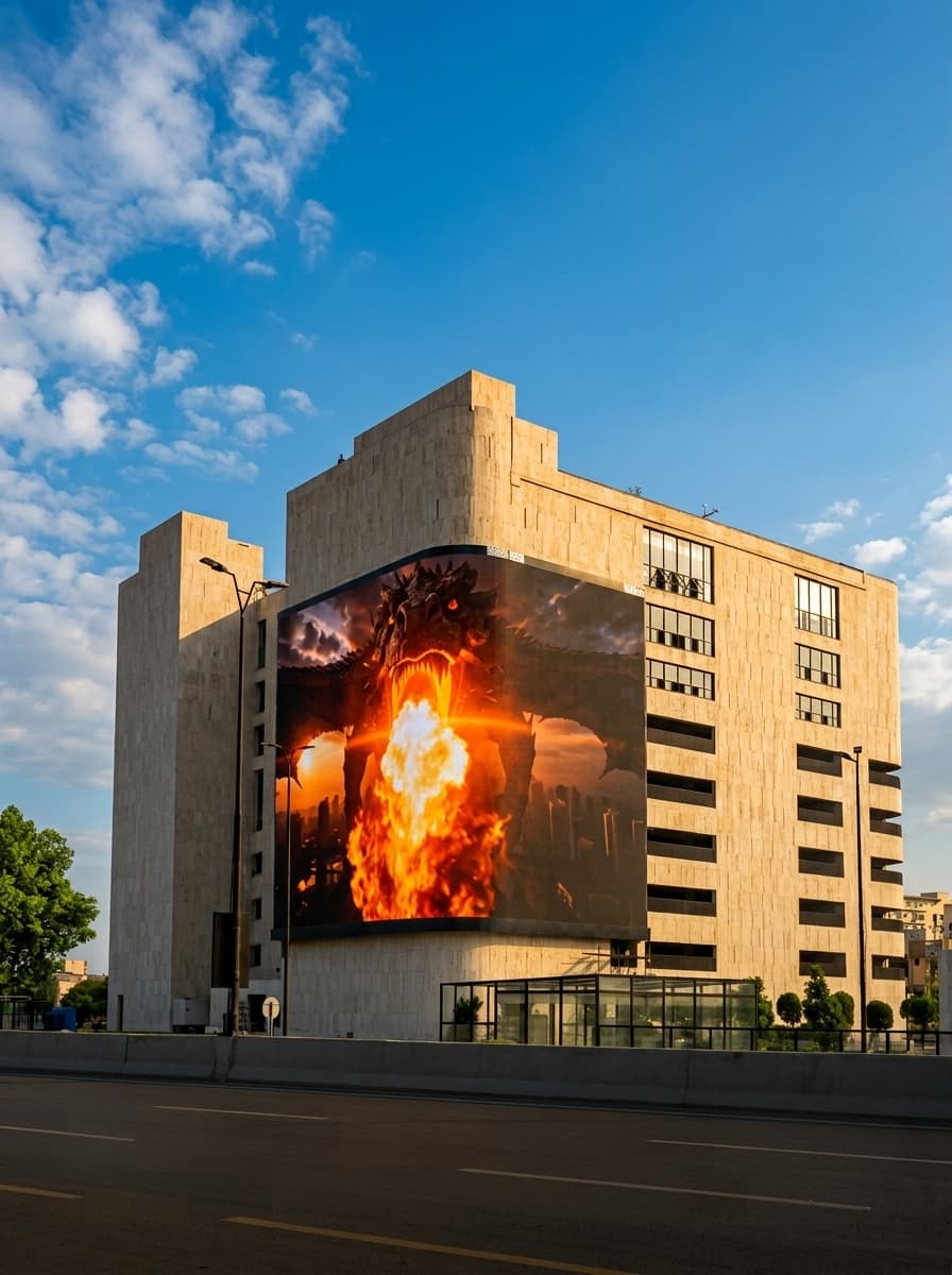 A fiery 3D explosion creative appearing to burst out of BIG ONE's display