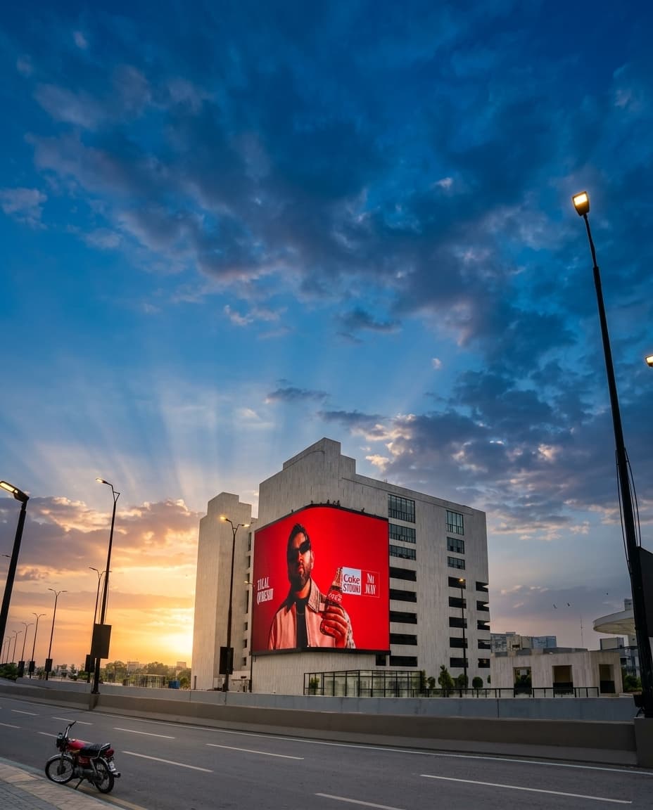 A Coca-Cola creative lighting up BIG ONE's display at sunset with sunburst rays