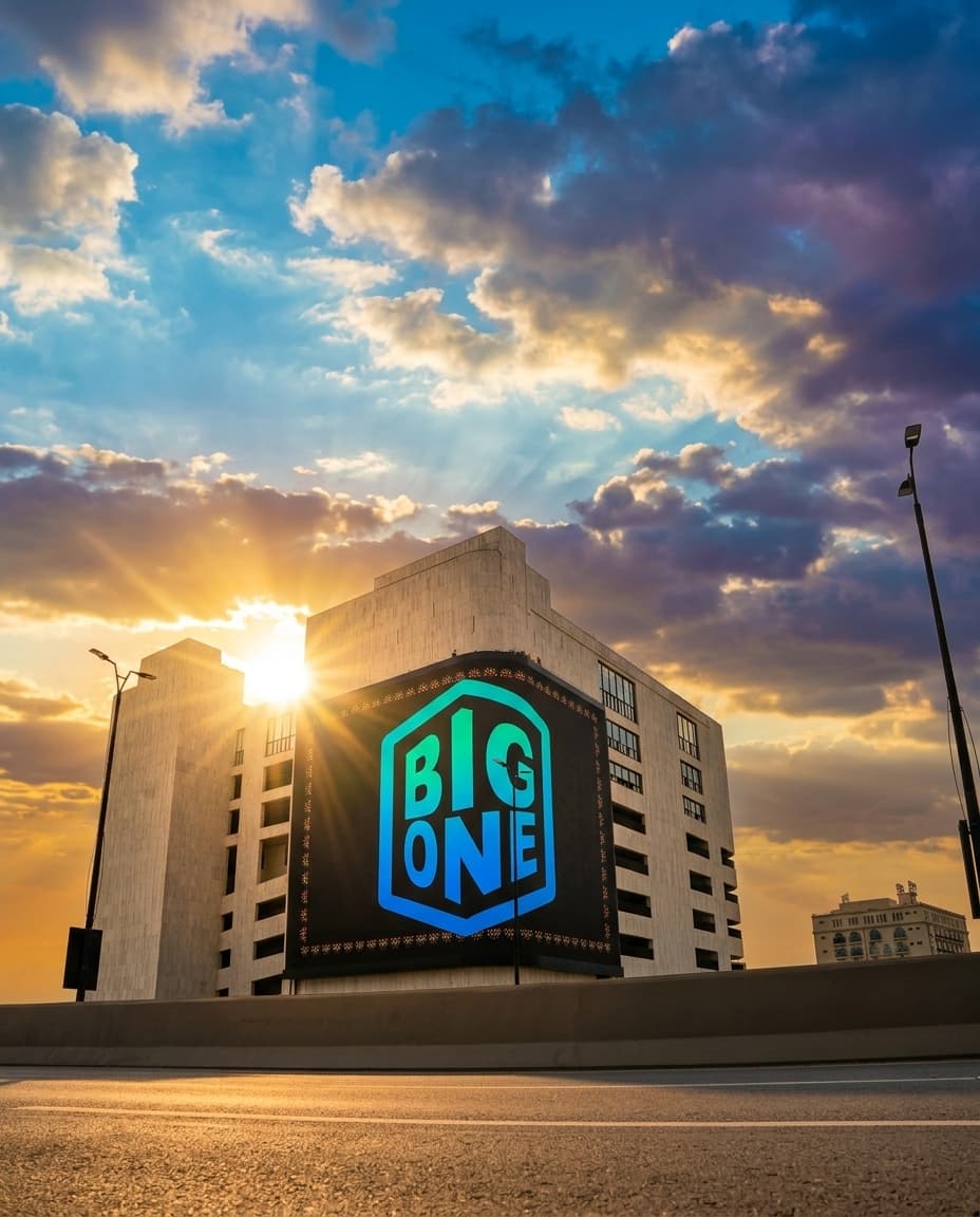 BIG ONE's logo lit up on the display against the Lahore skyline at sunrise
