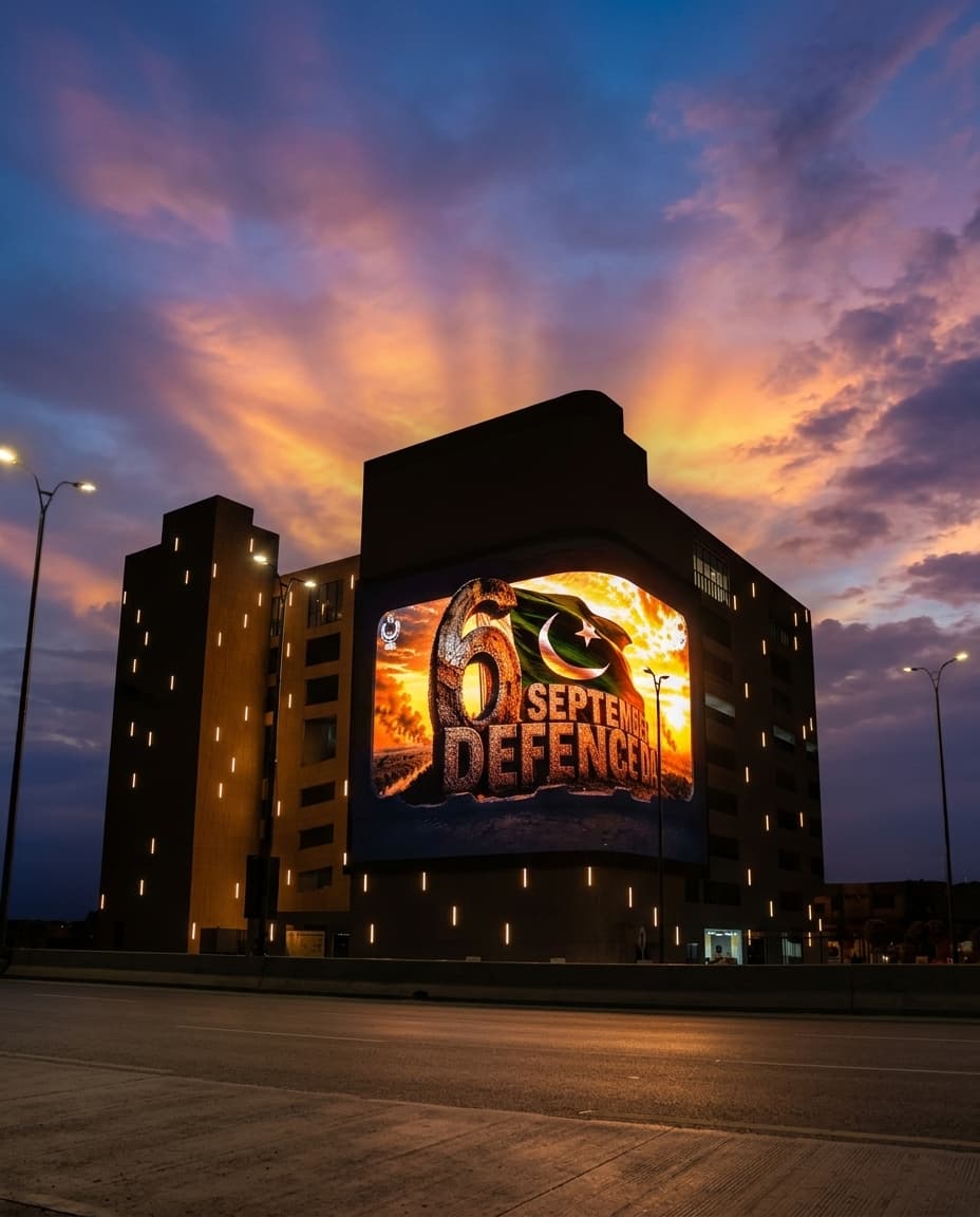 A 6th September Defence Day tribute creative displayed on BIG ONE at dusk