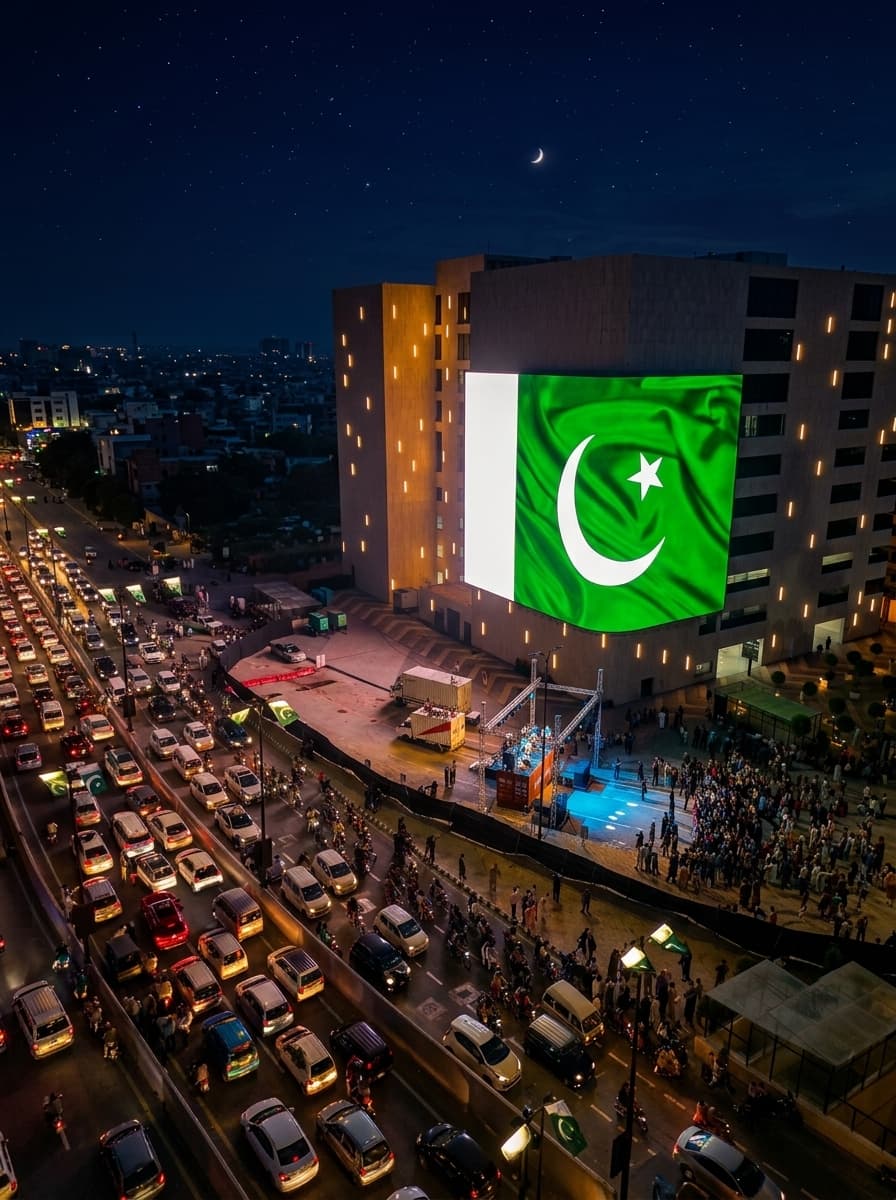 Aerial night view of BIG ONE's display showing the Pakistan flag above heavy traffic and crowds